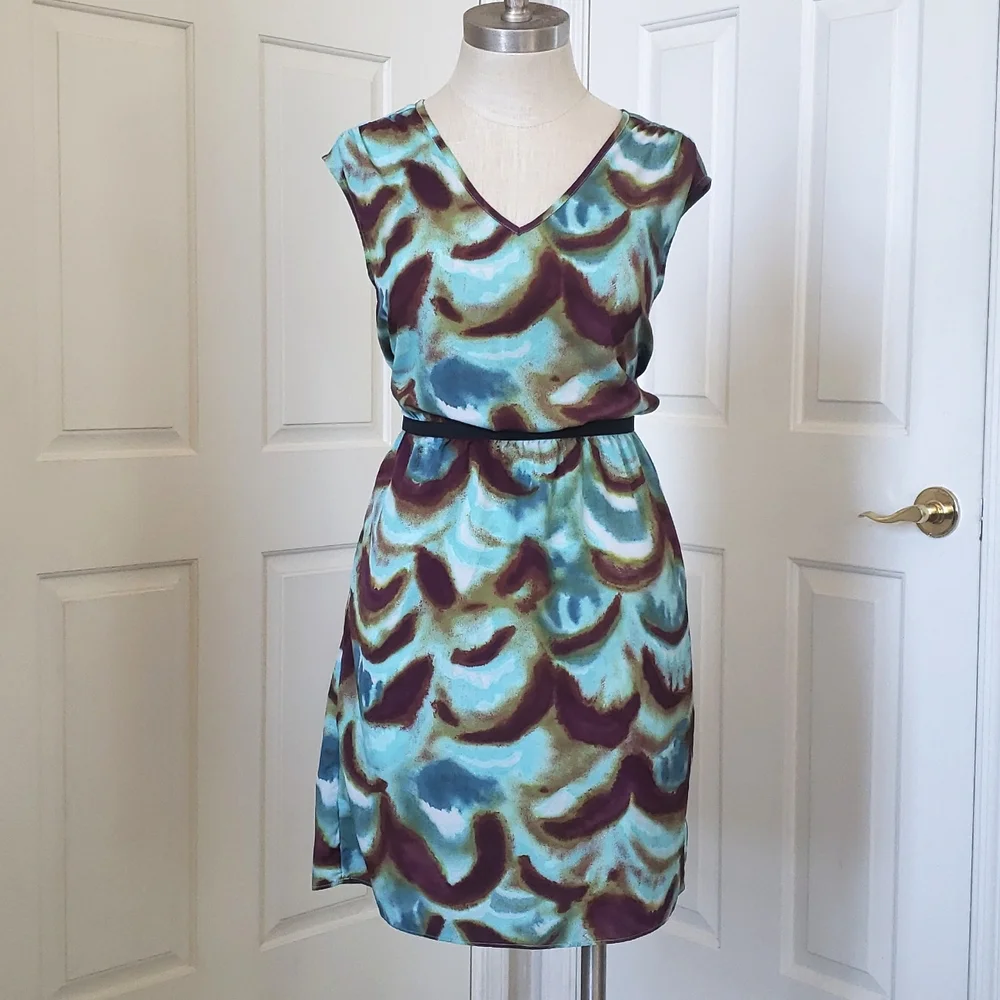 LOFT Teal Maroon Print Dress V-neck Cinched Waist Retro Flair SIZE 6P PETITE